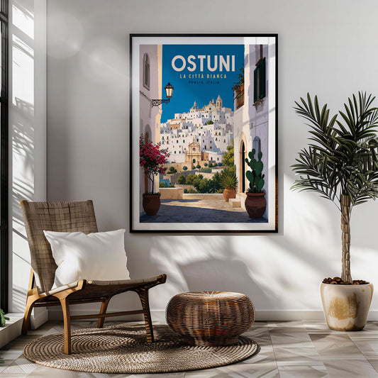 Ostuni Hilltop Cathedral View retro travel poster hung in a living room
