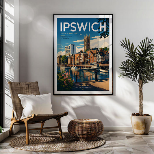 Ipswich retro travel poster hung in a living room