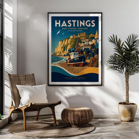 Hastings retro travel poster hung in a living room