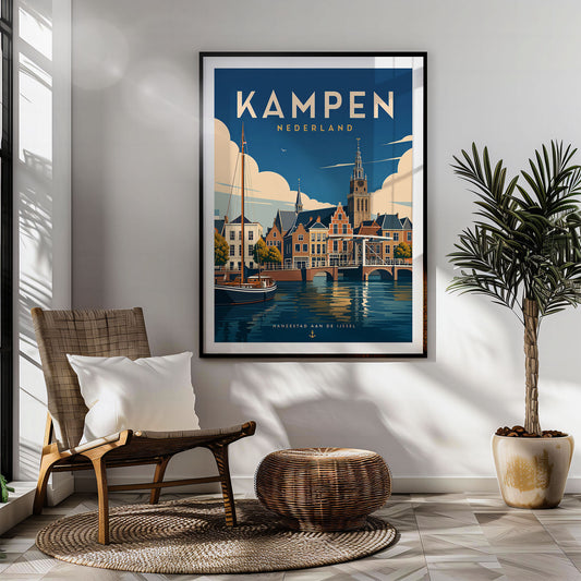 Kampen retro travel poster hung in a living room