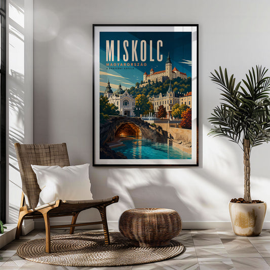 Miskolc retro travel poster hung in a living room