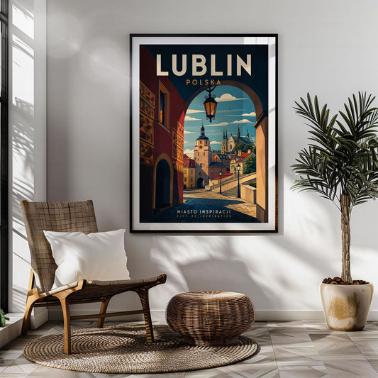 Lublin retro travel poster hung in a living room