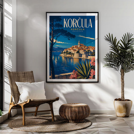 Korčula retro travel poster hung in a living room