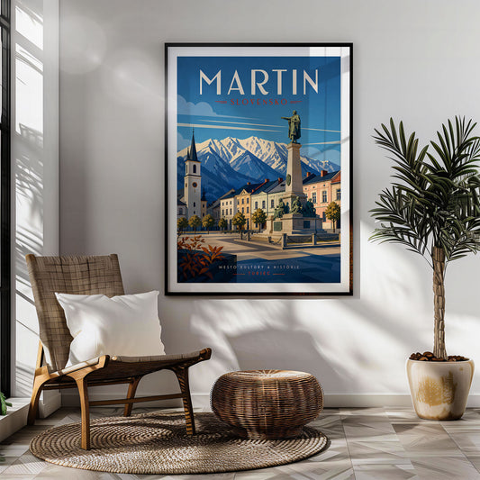 Martin retro travel poster hung in a living room