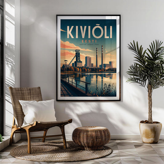 Kiviõli retro travel poster hung in a living room