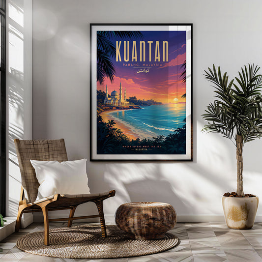 Kuantan retro travel poster hung in a living room