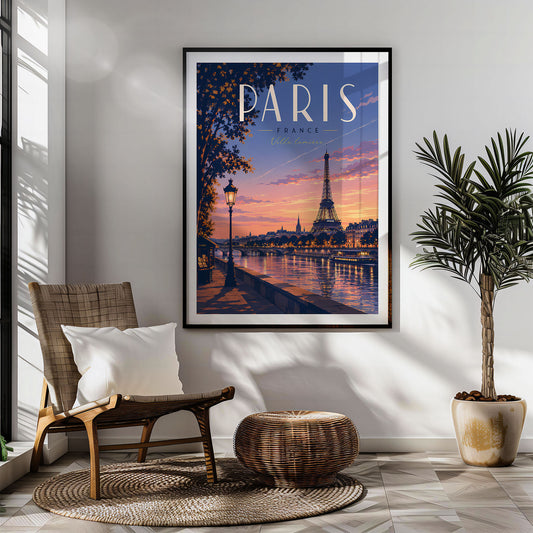 Paris Seine Riverbank at Dusk retro travel poster hung in a living room