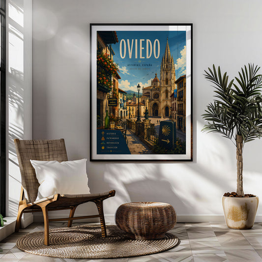 Oviedo retro travel poster hung in a living room