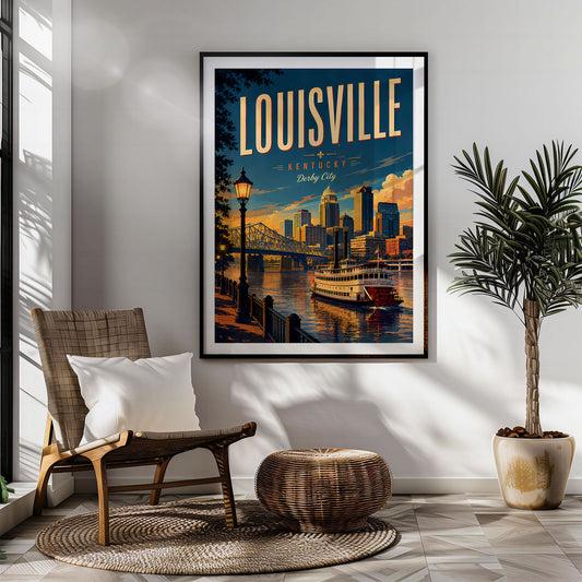 Louisville retro travel poster hung in a living room