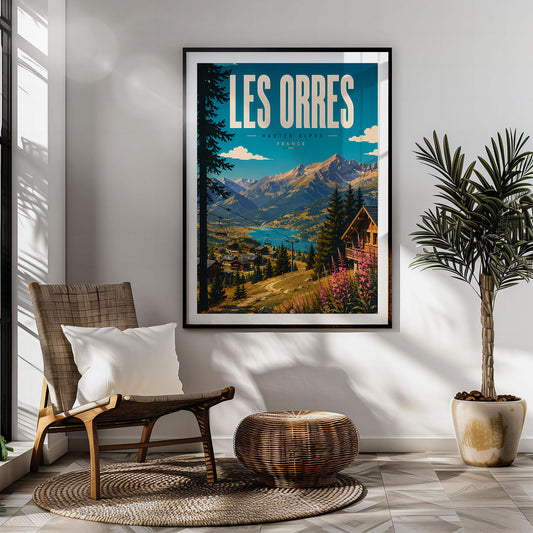 Les Orres Summer Lake View retro travel poster hung in a living room