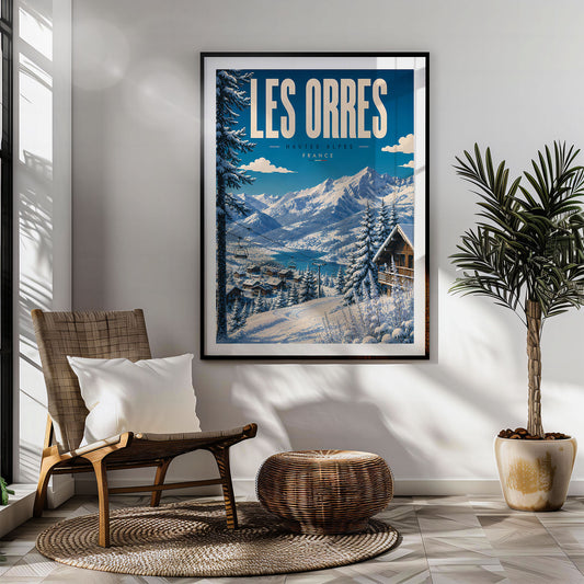 Les Orres Snowy Winter Slopes retro travel poster hung in a living room