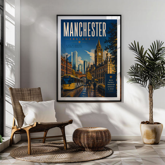 Manchester retro travel poster hung in a living room