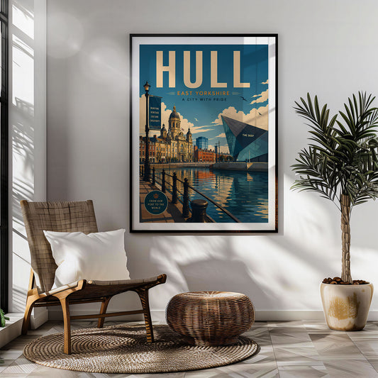 Hull retro travel poster hung in a living room