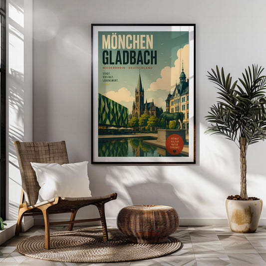 Mönchengladbach retro travel poster hung in a living room