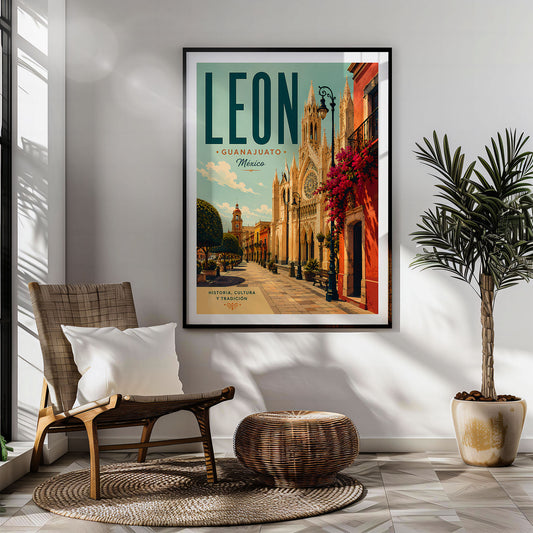 Leon retro travel poster hung in a living room