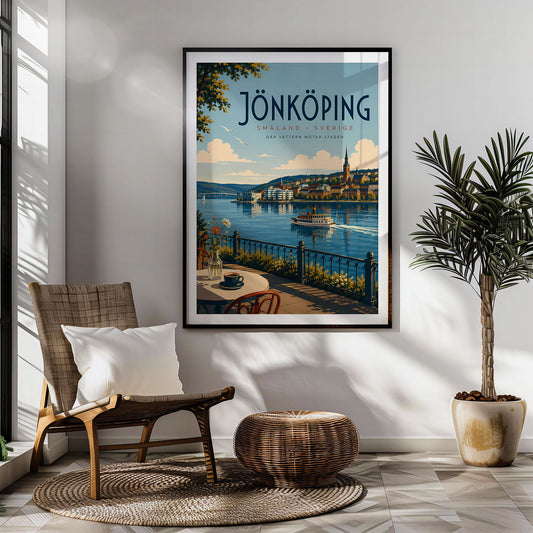 Jönköping retro travel poster hung in a living room