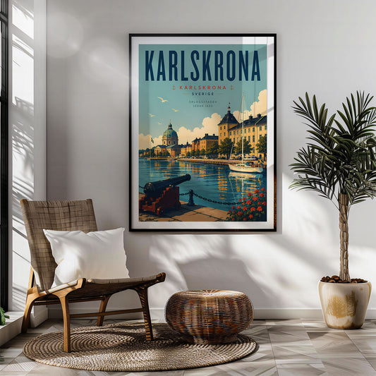 Karlskrona retro travel poster hung in a living room