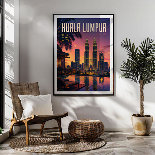 Kuala Lumpur retro travel poster hung in a living room