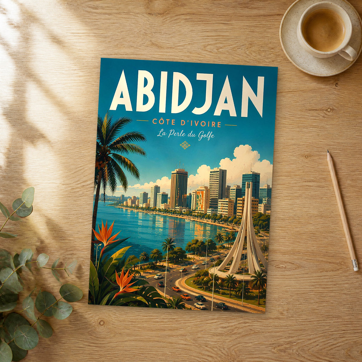 Unframed Abidjan retro travel poster on a wooden table