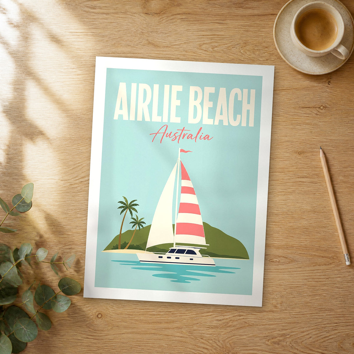 Unframed Airlie Beach pastel pop art travel poster on a wooden table