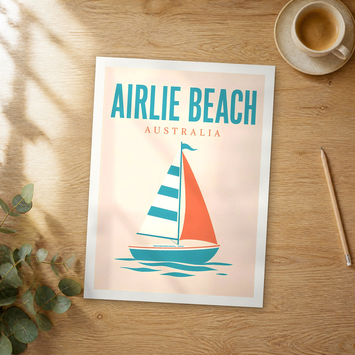 Unframed Airlie Beach pop art travel poster on a wooden table
