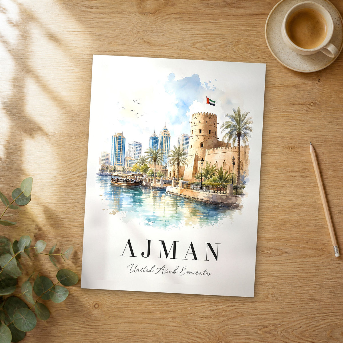Unframed Ajman watercolor travel poster on a wooden table