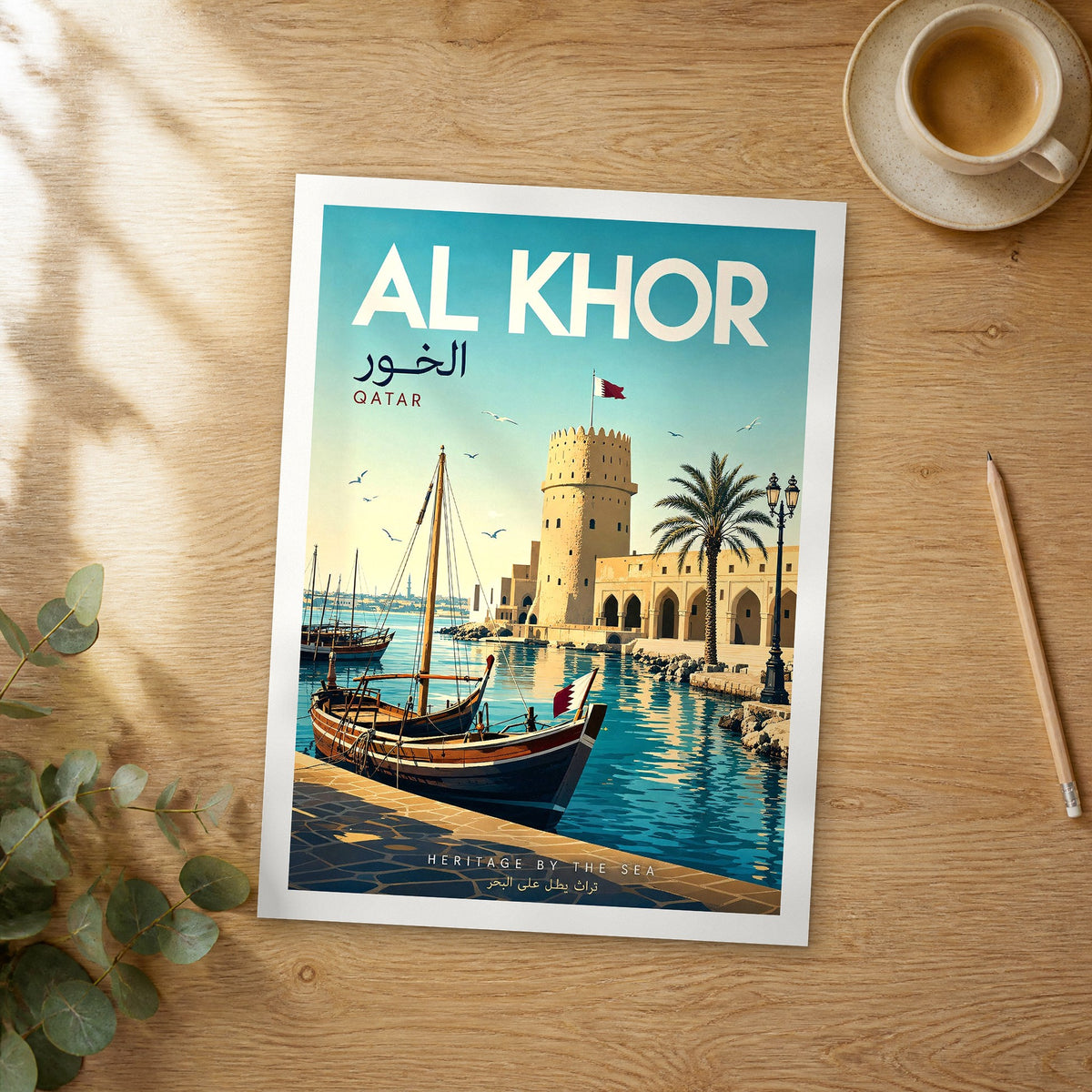 Unframed Al Khor retro travel poster on a wooden table