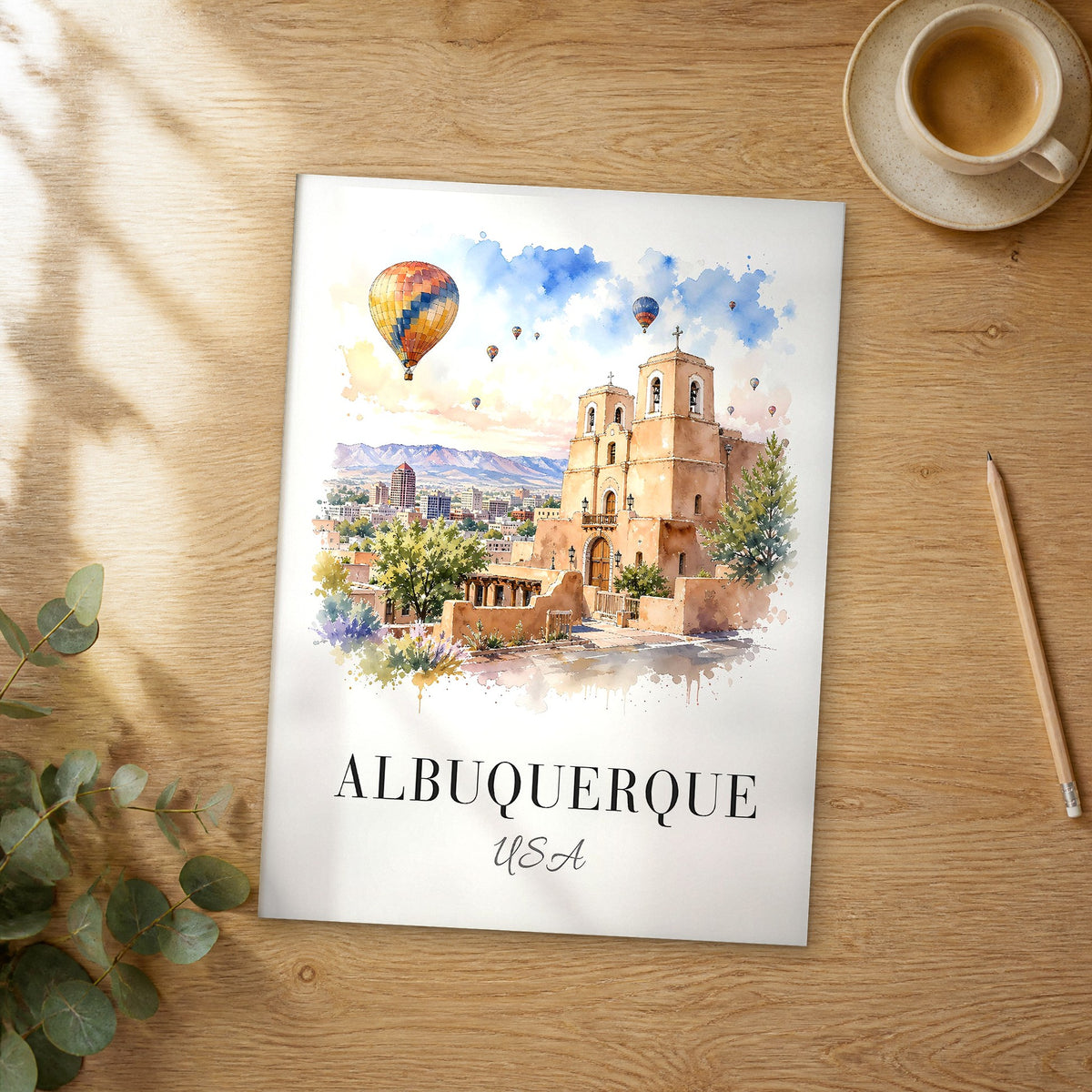Unframed Albuquerque watercolor travel poster on a wooden table