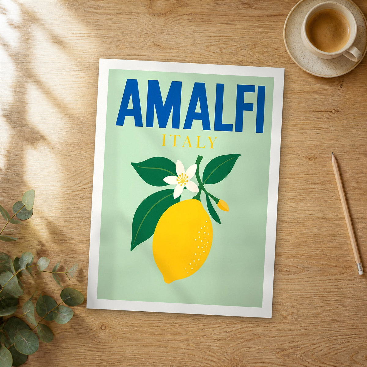 Unframed Amalfi pop art travel poster on a wooden table