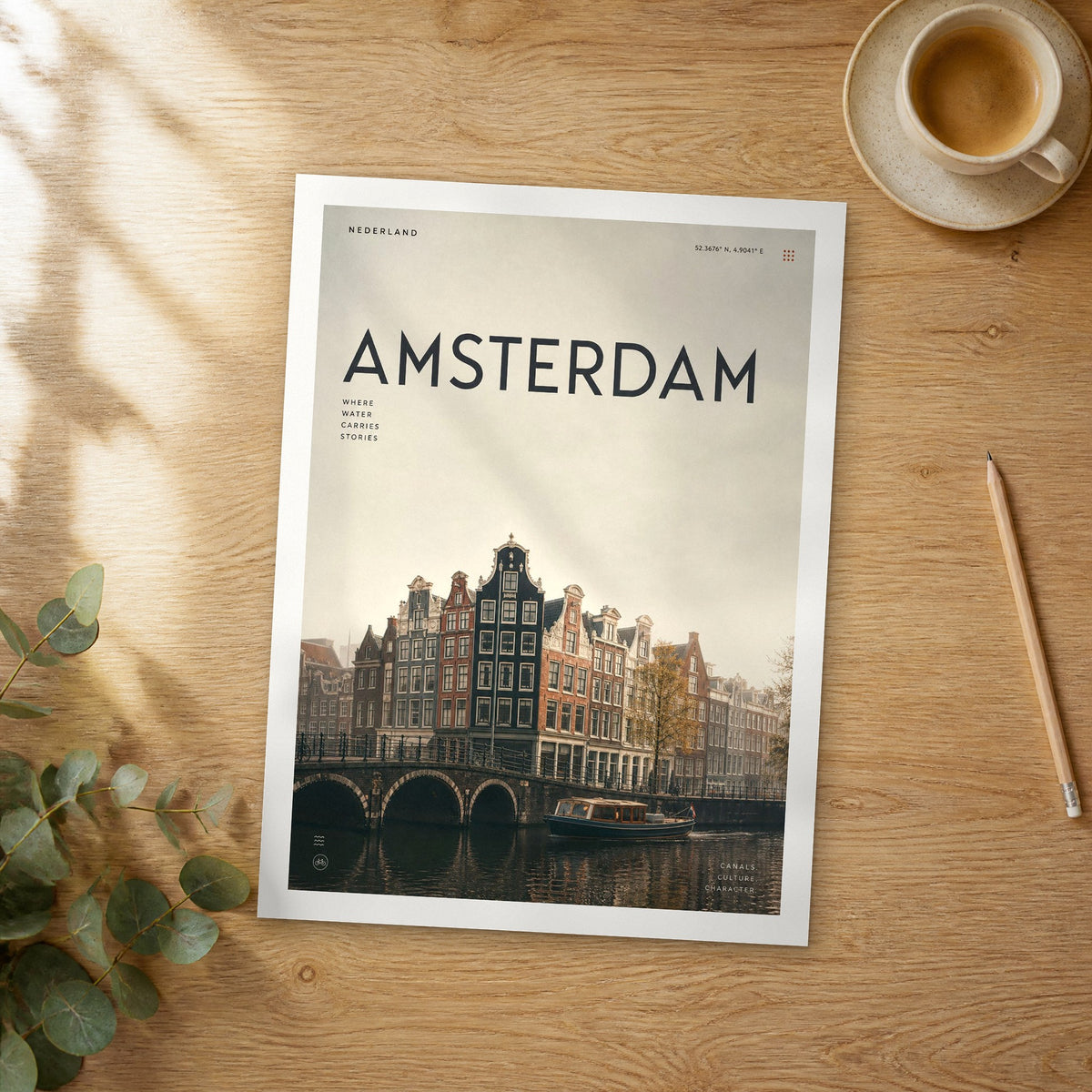 Unframed Amsterdam Canal Houses bold typography travel poster on a wooden table