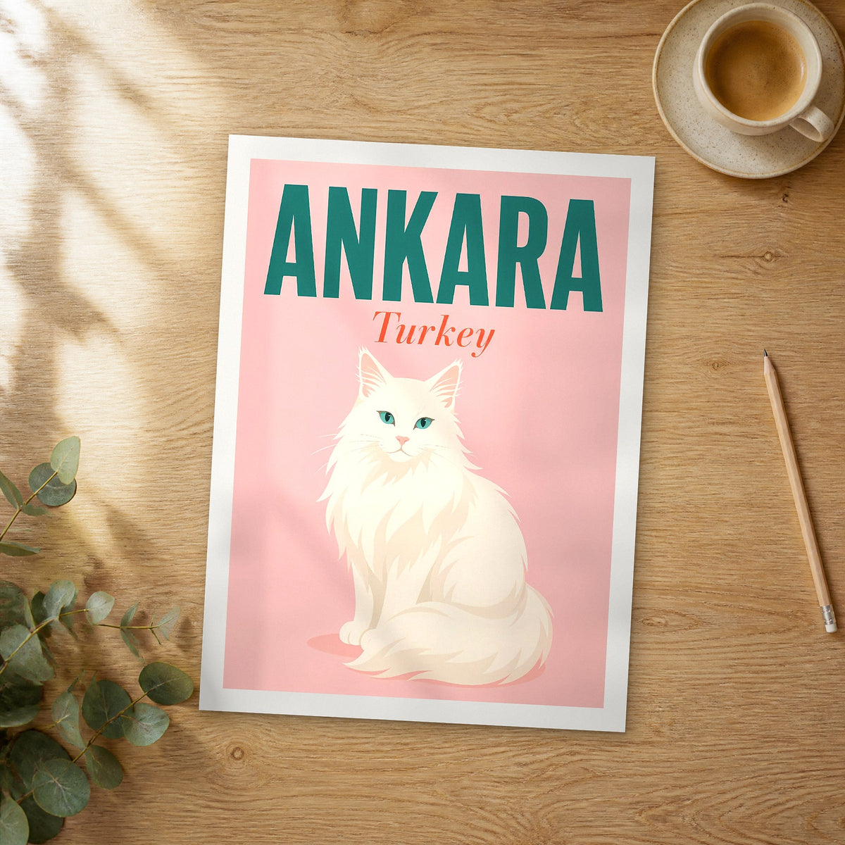Unframed Ankara pop art travel poster on a wooden table