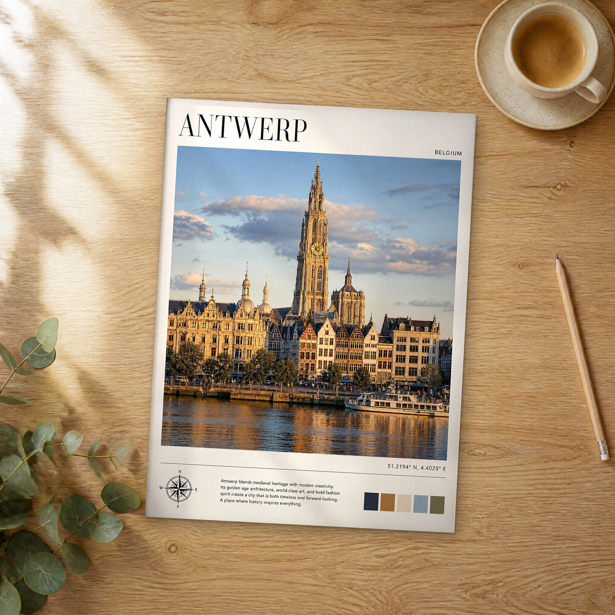 Unframed Antwerp modern photography travel poster on a wooden table
