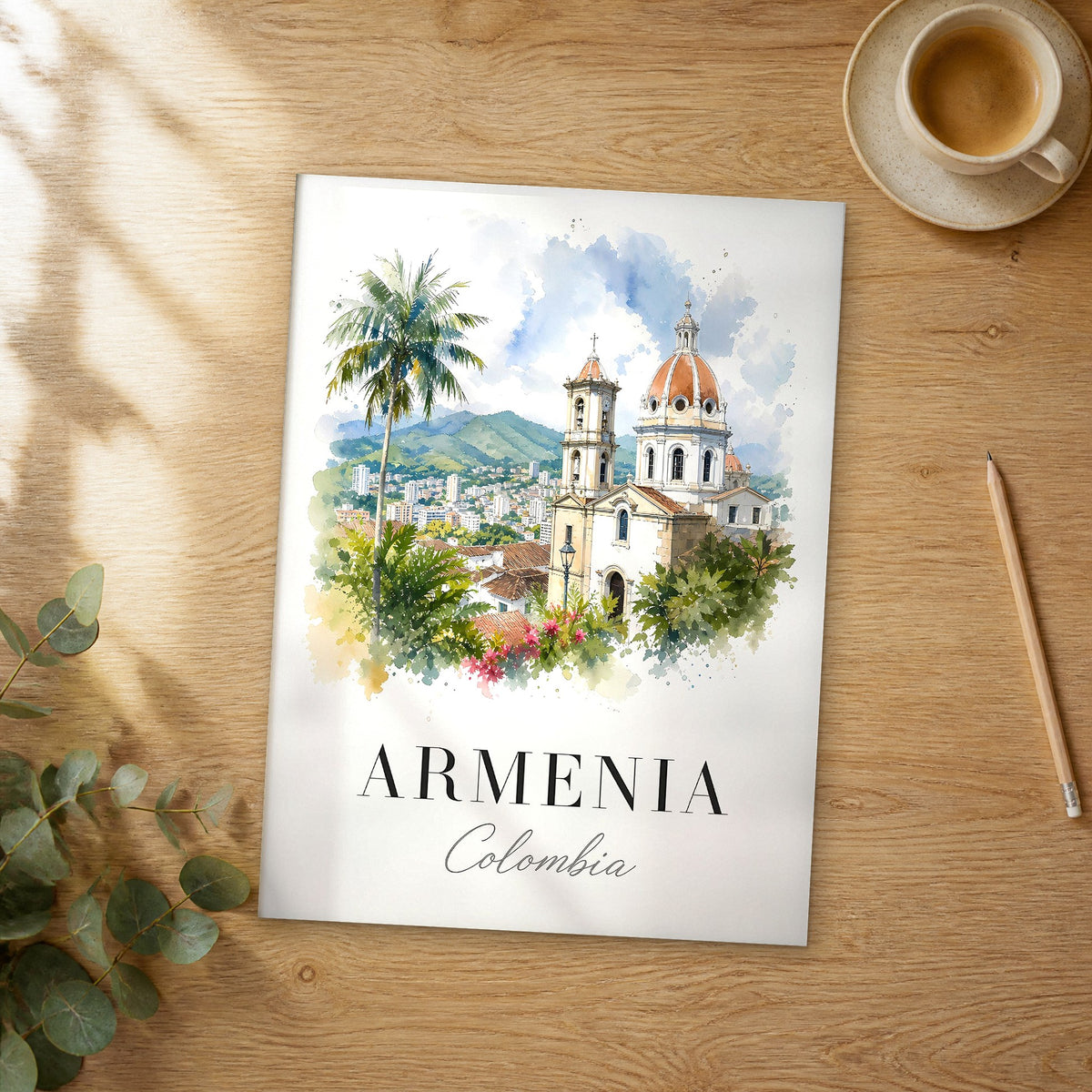 Unframed Armenia watercolor travel poster on a wooden table