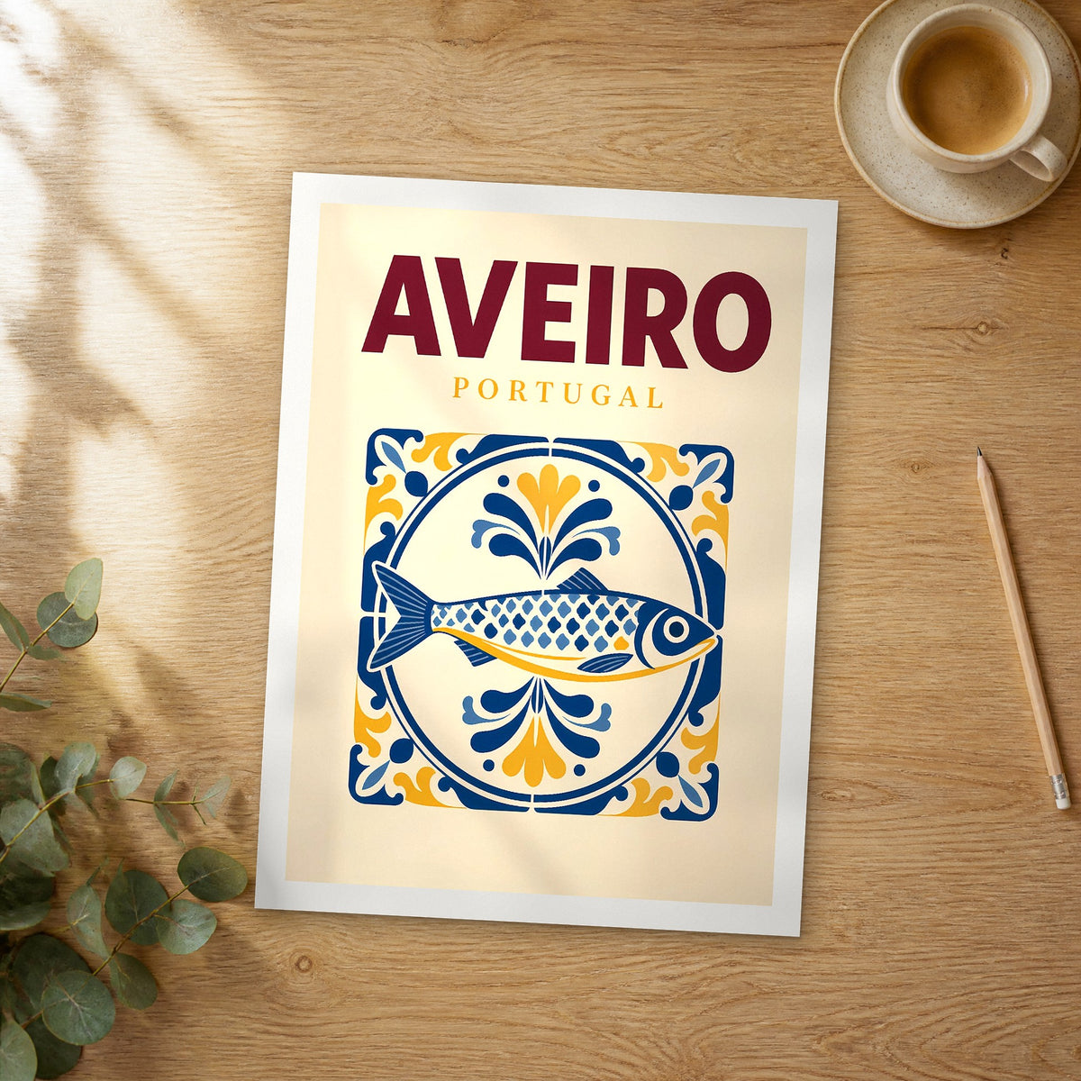 Unframed Aveiro pop art travel poster on a wooden table