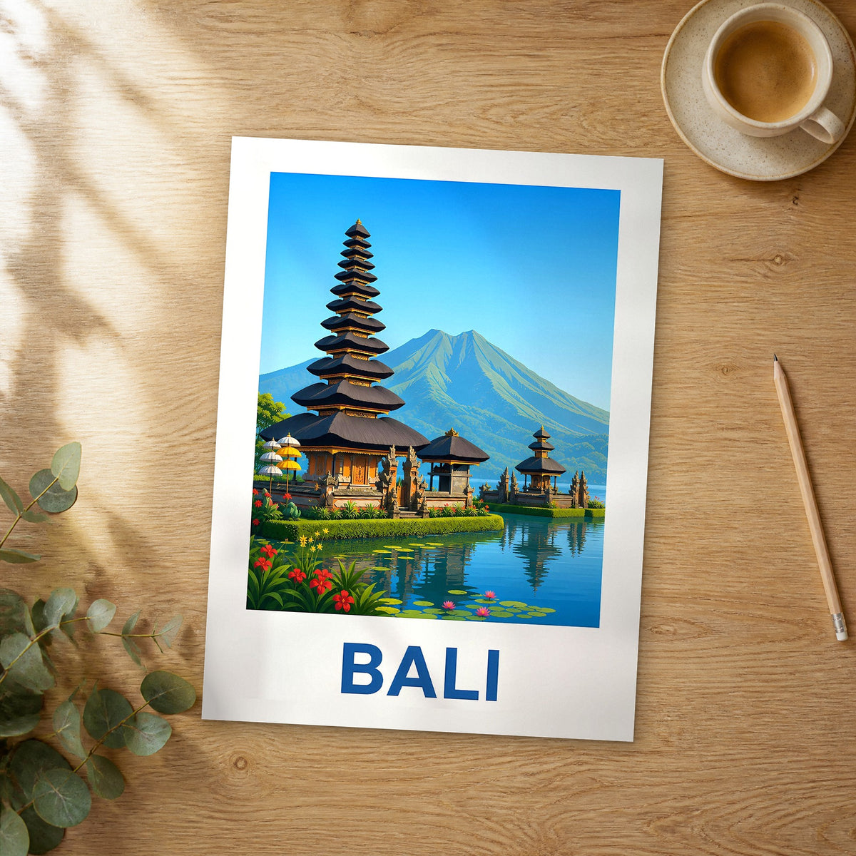 Unframed Bali modern digital travel poster on a wooden table