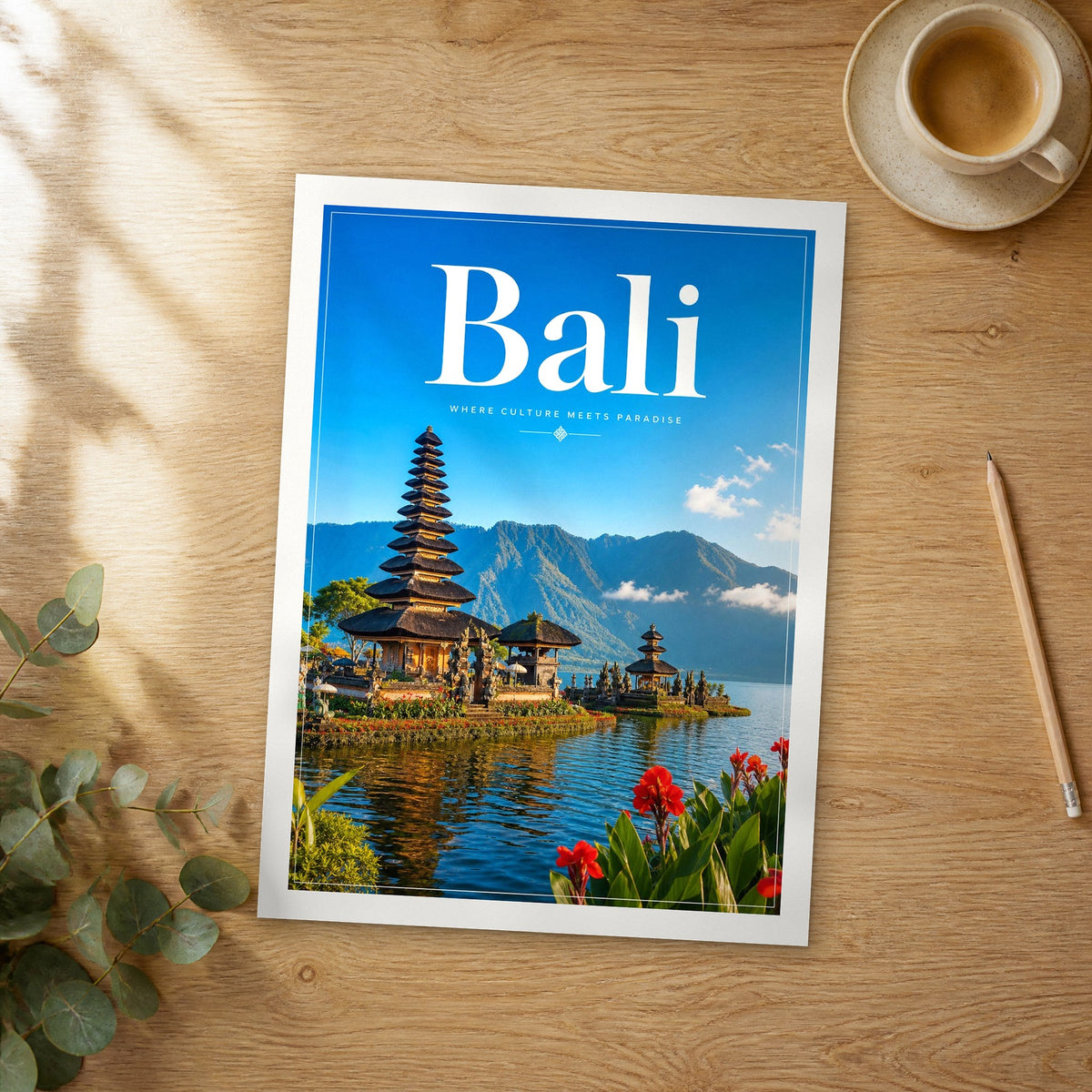 Unframed Bali Temple Mountain Reflection editorial travel poster on a wooden table