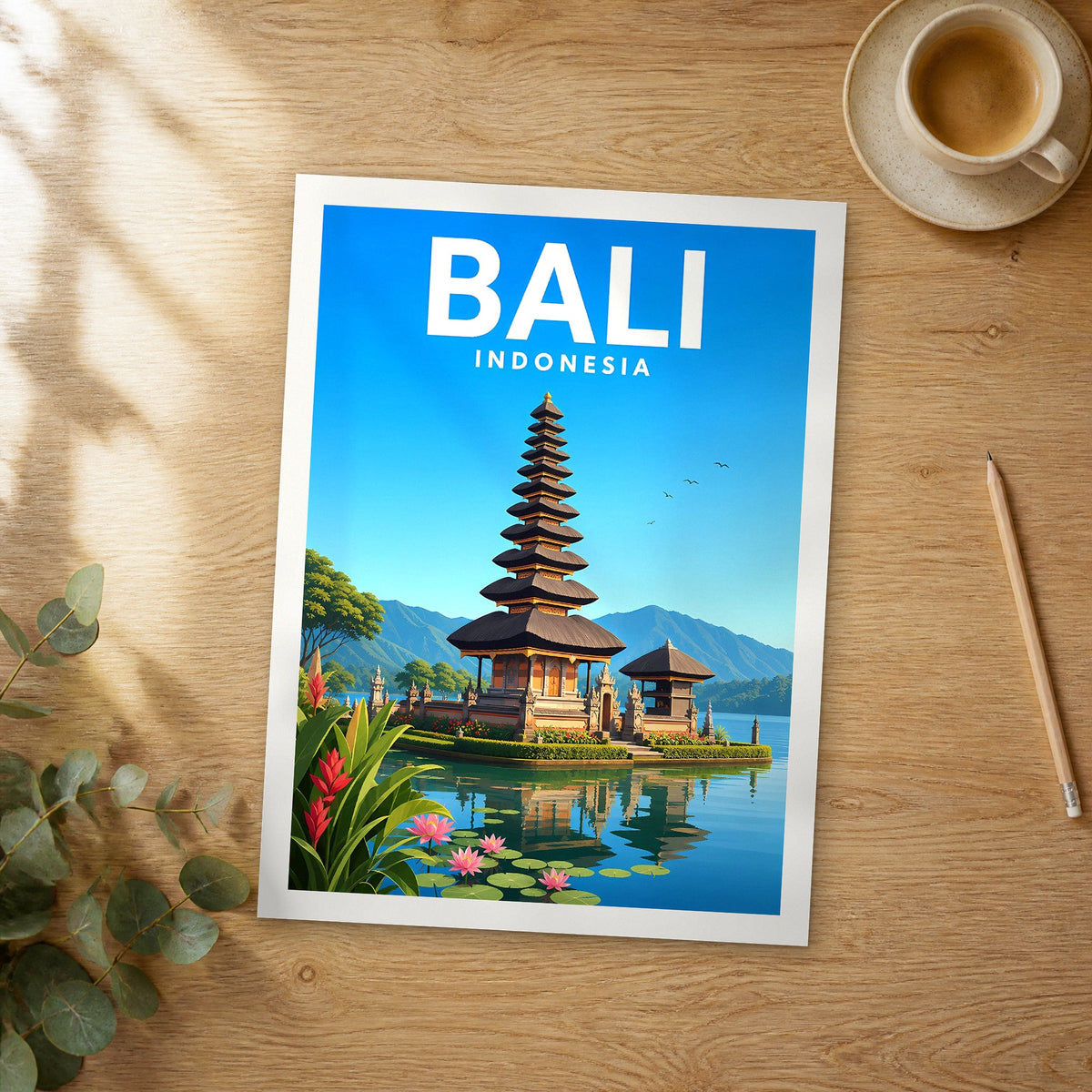 Unframed Bali vibrant digital travel poster on a wooden table