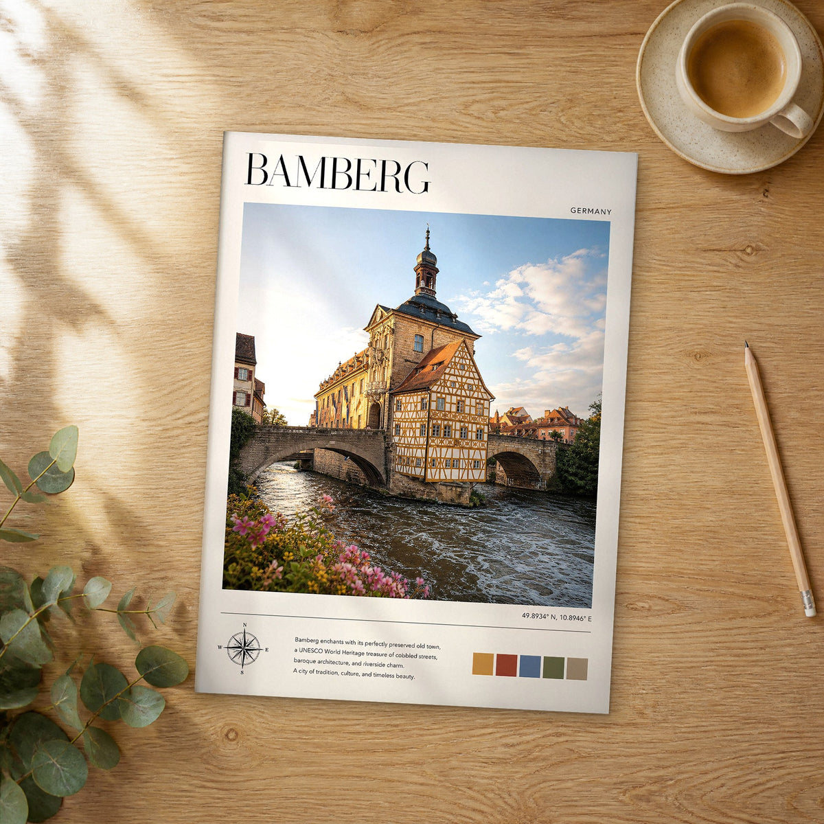 Unframed Bamberg modern photography travel poster on a wooden table