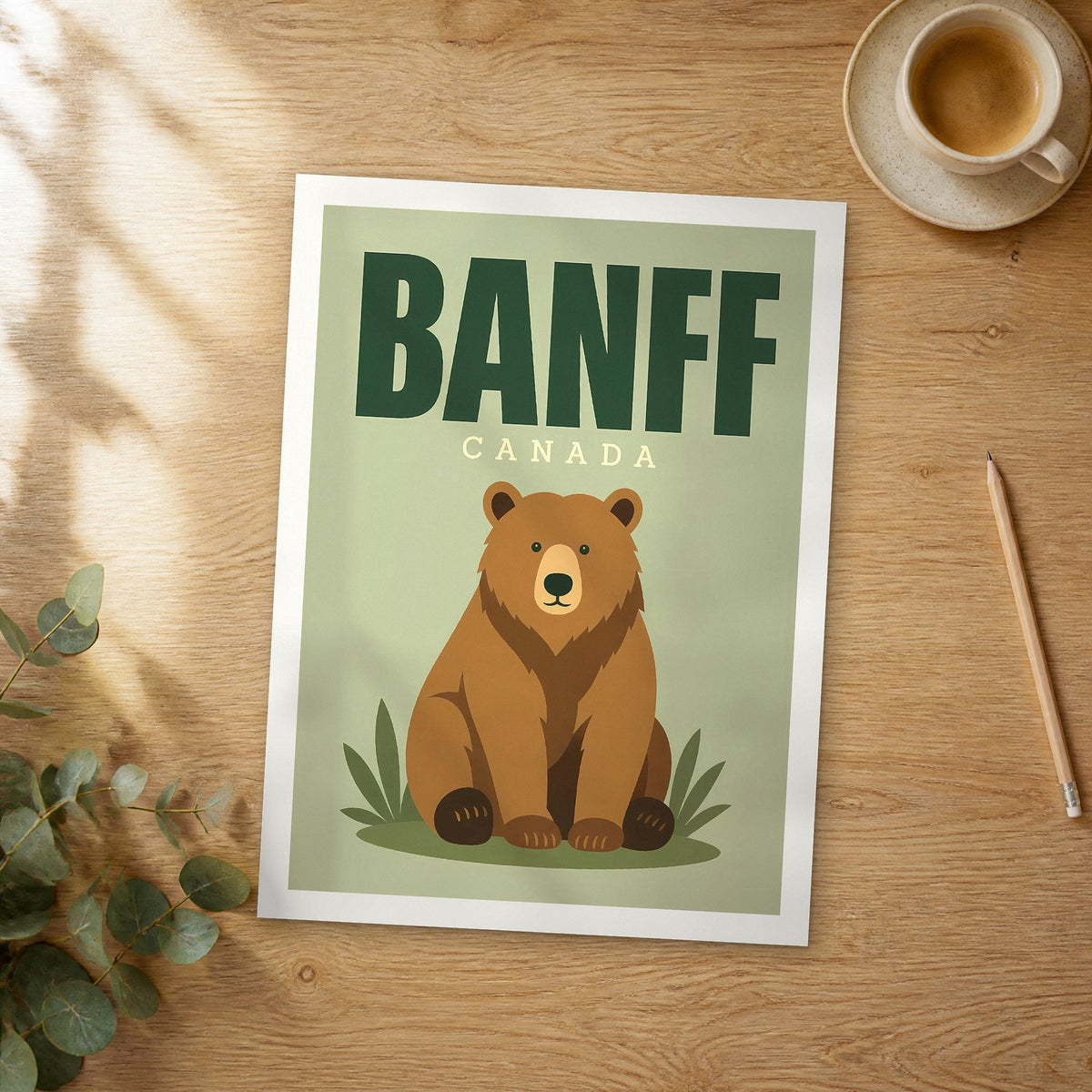 Unframed Banff Grizzly Bear pop art travel poster on a wooden table