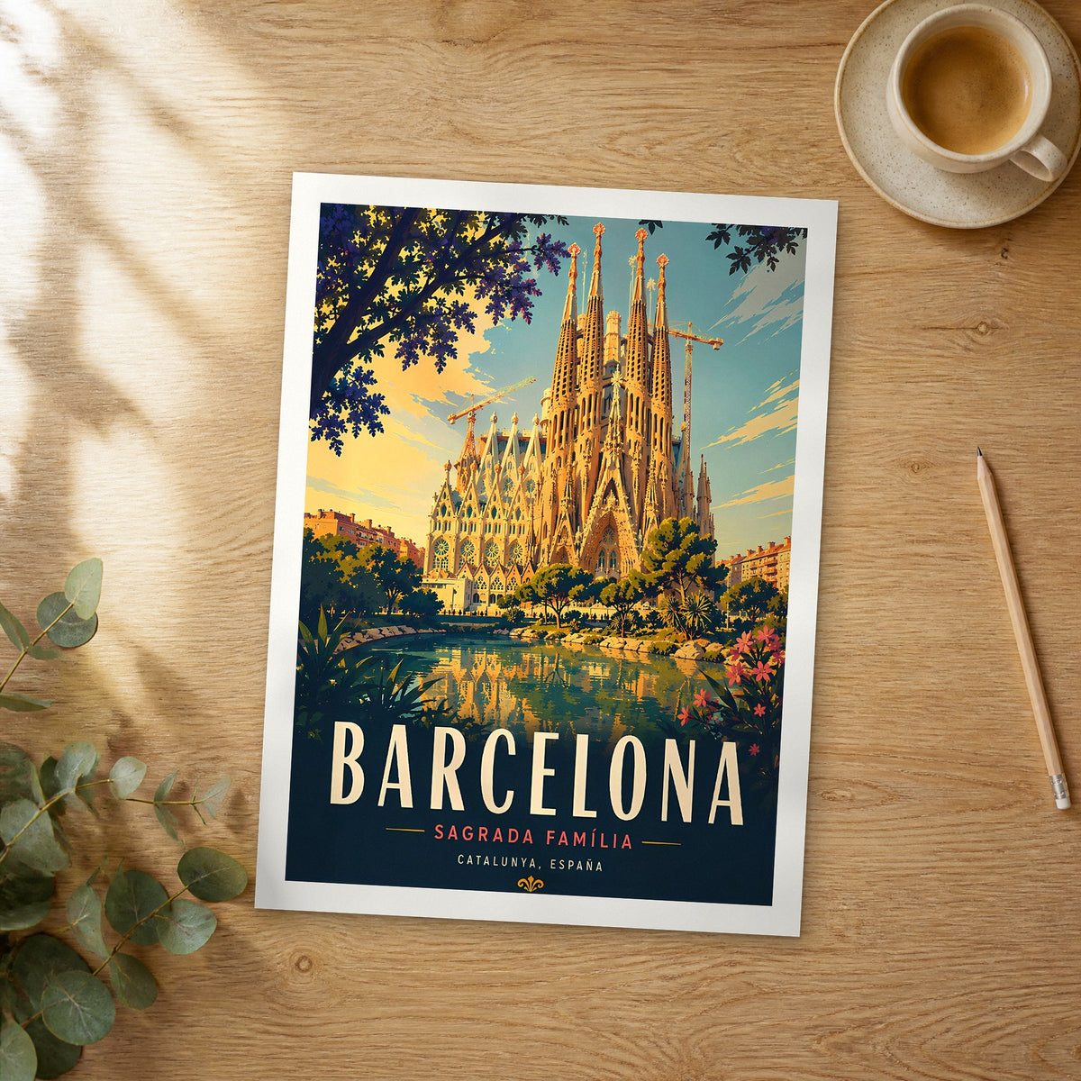 Unframed Barcelona Sagrada Família retro travel poster on a wooden table