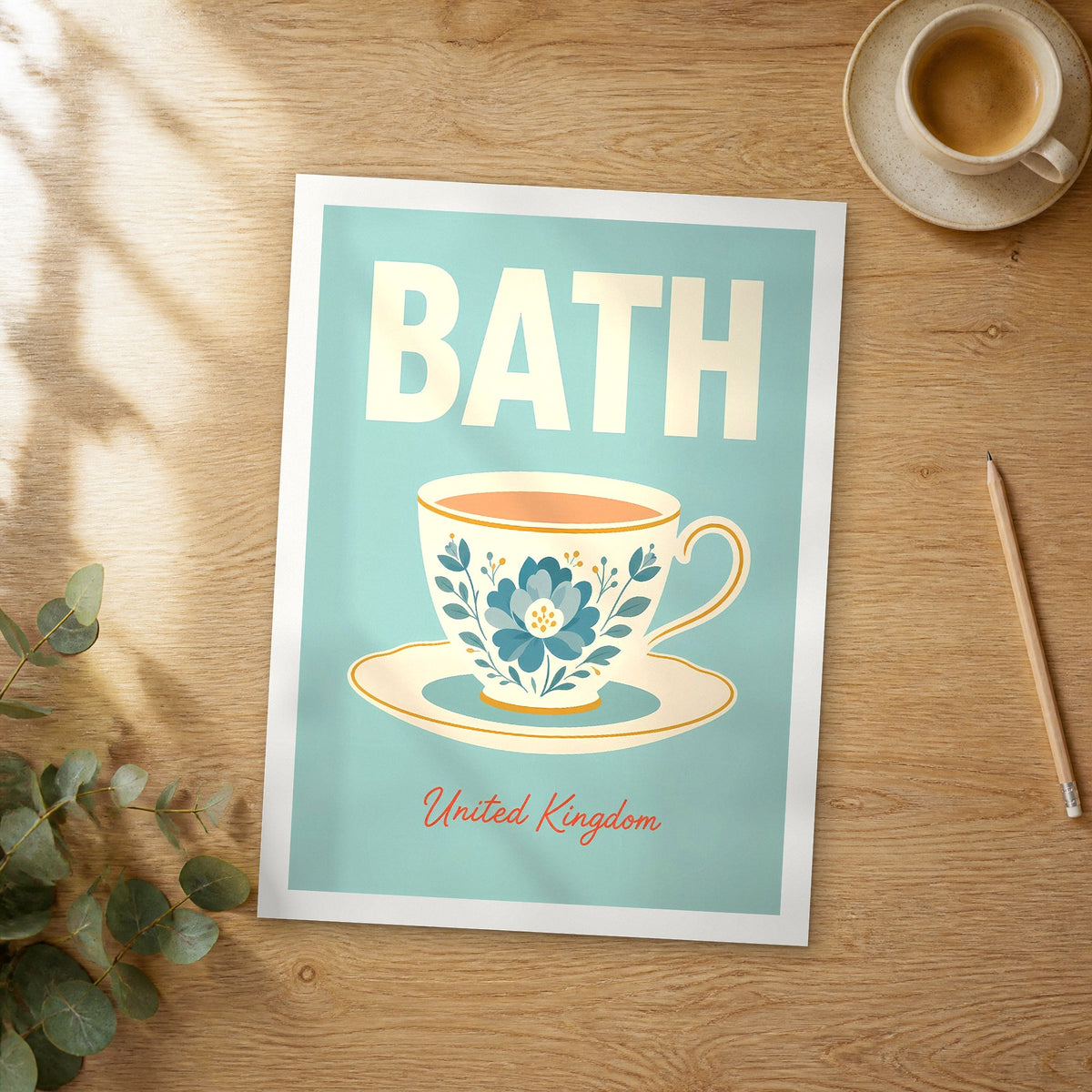 Unframed Bath Blue Floral Teacup pop art travel poster on a wooden table