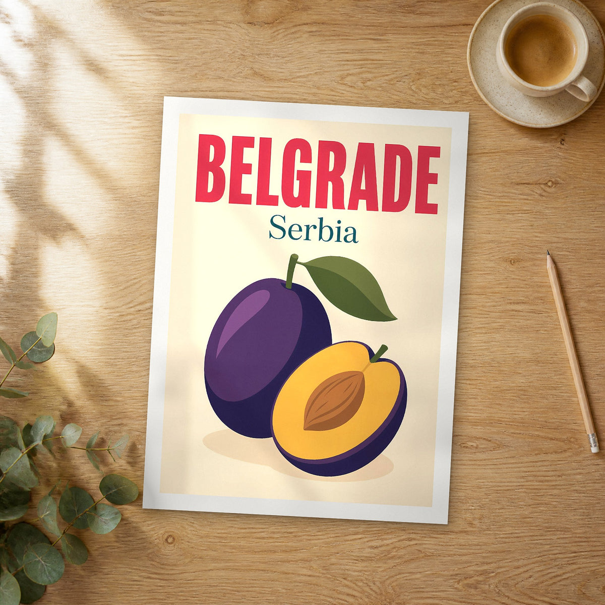 Unframed Belgrade pop art travel poster on a wooden table