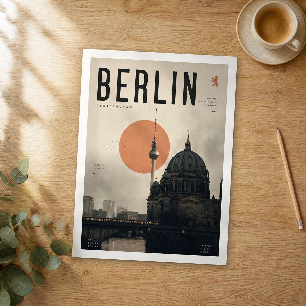 Unframed Berlin Berlin Cathedral Sunset bold typography travel poster on a wooden table
