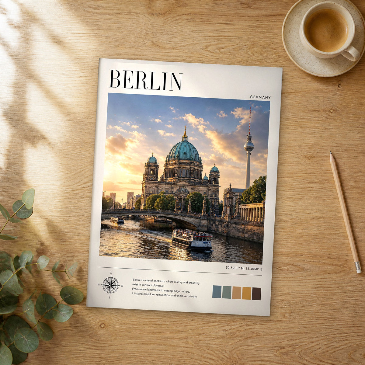 Unframed Berlin modern photography travel poster on a wooden table