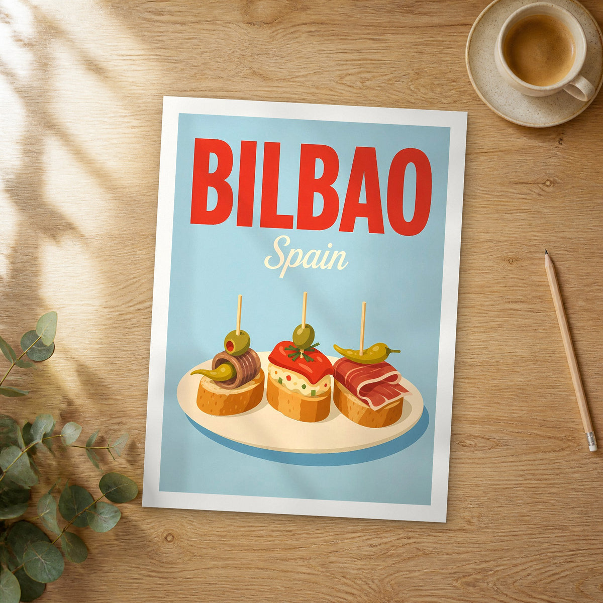 Unframed Bilbao pop art travel poster on a wooden table
