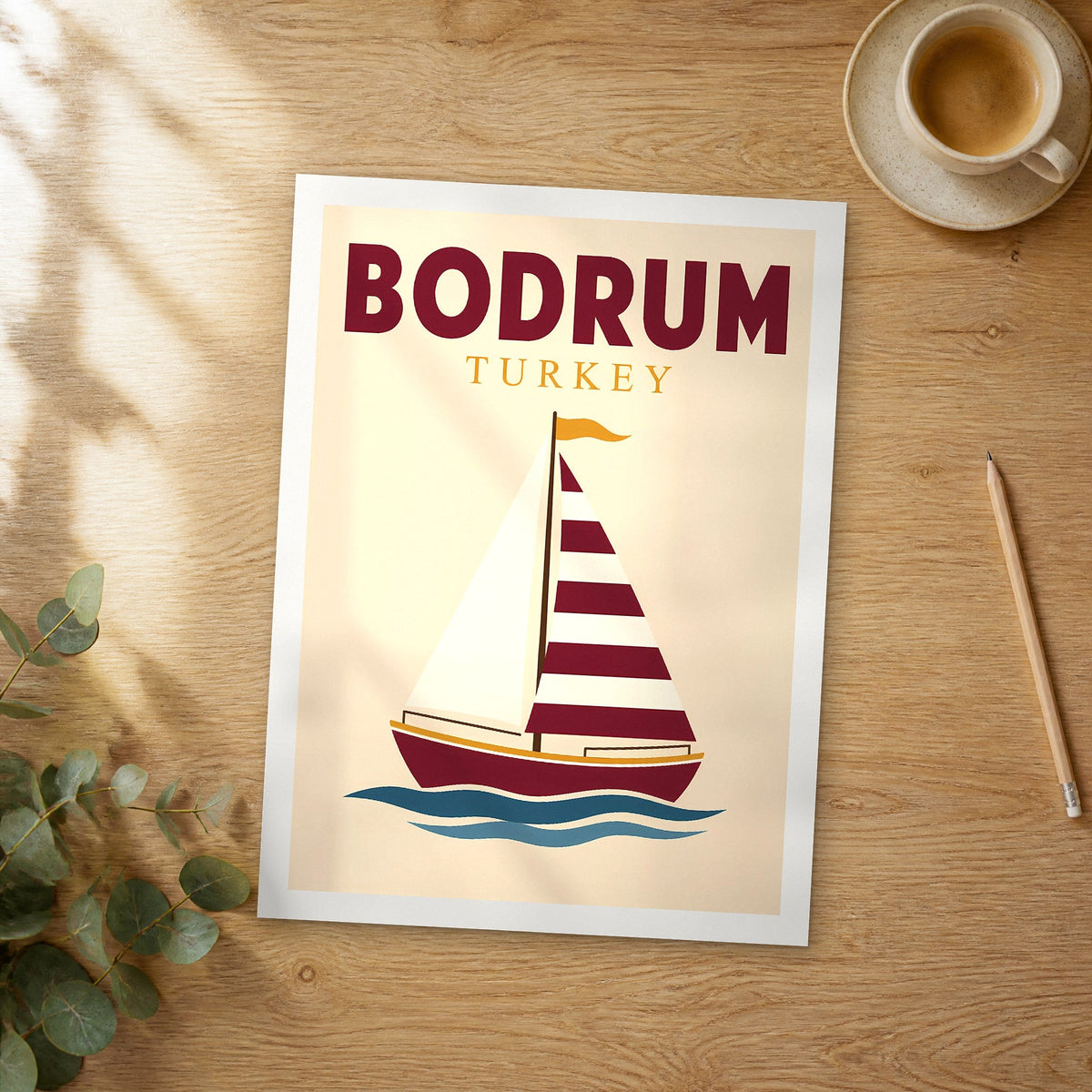 Unframed Bodrum pop art travel poster on a wooden table