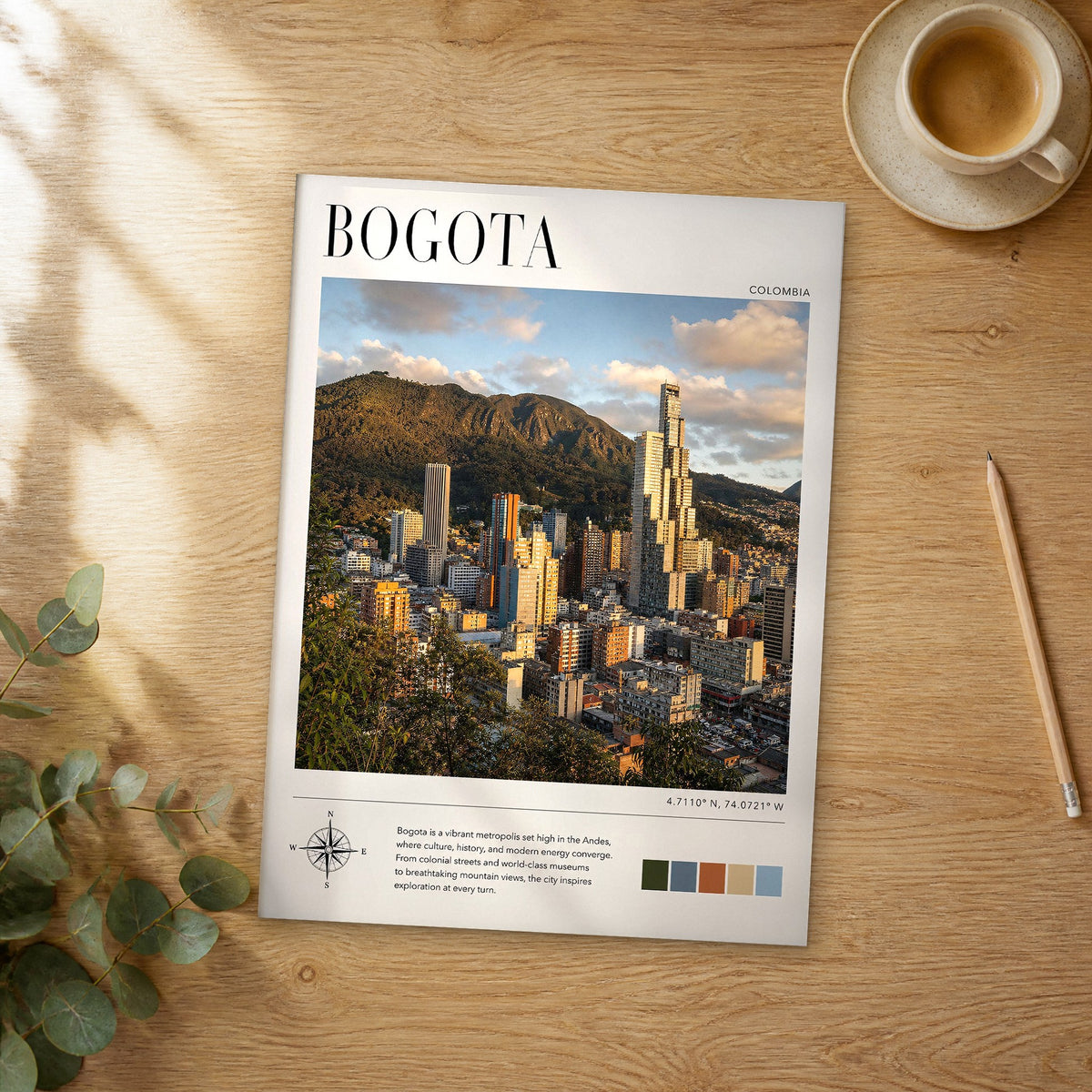 Unframed Bogota modern photography travel poster on a wooden table