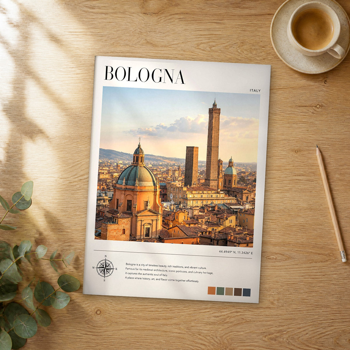 Unframed Bologna modern photography travel poster on a wooden table