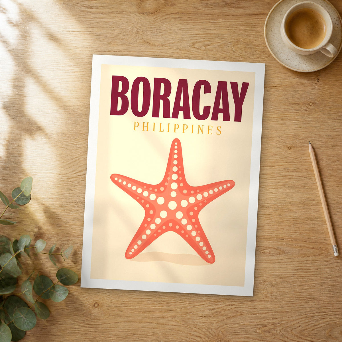 Unframed Boracay pop art travel poster on a wooden table