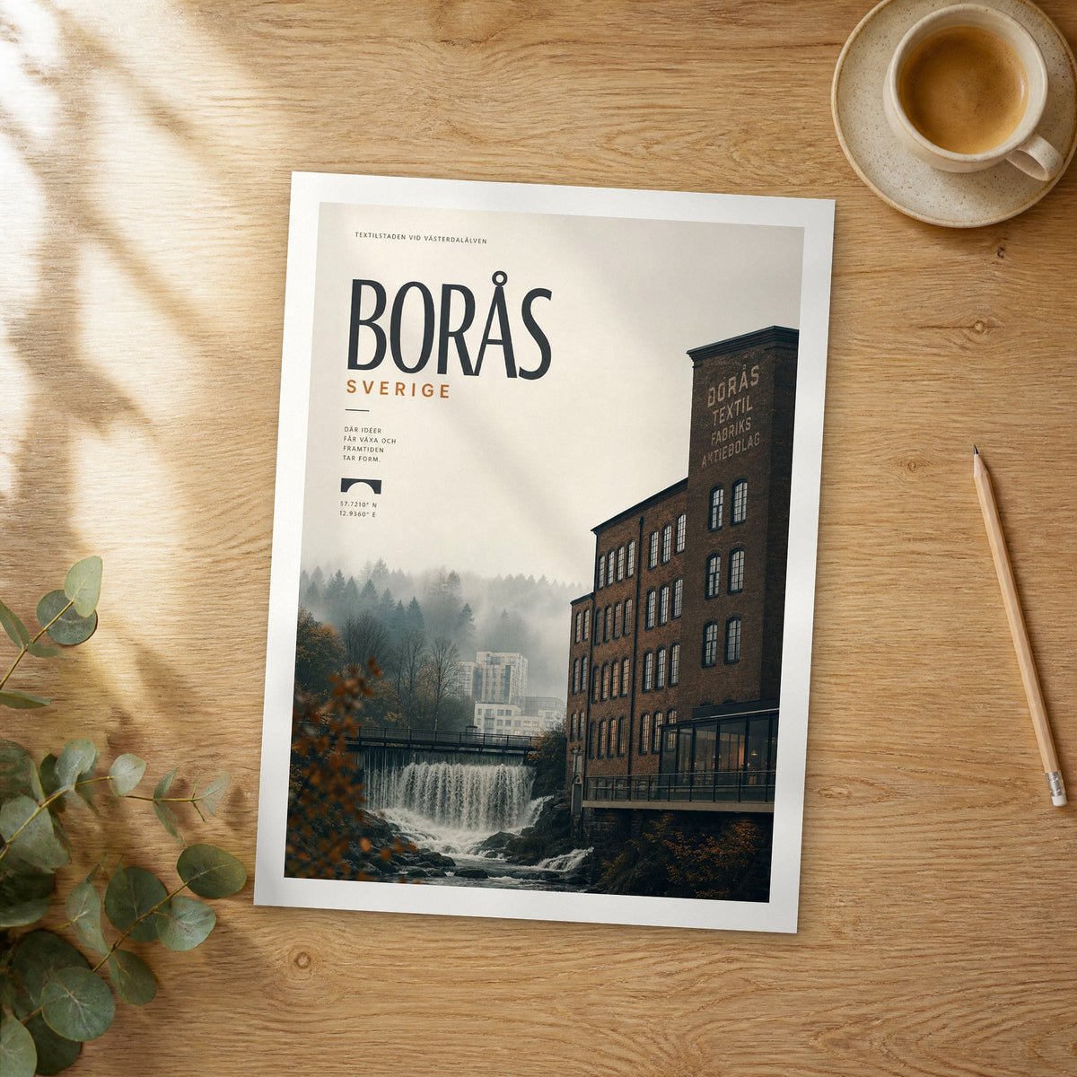 Unframed Borås bold typography travel poster on a wooden table